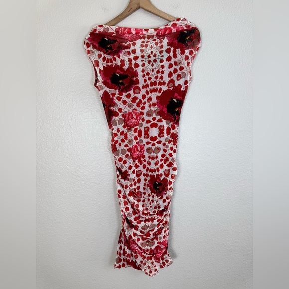 Fuzzi Dresses & Skirts - Floral Red Midi Dress - Women's Strapless Bodycon